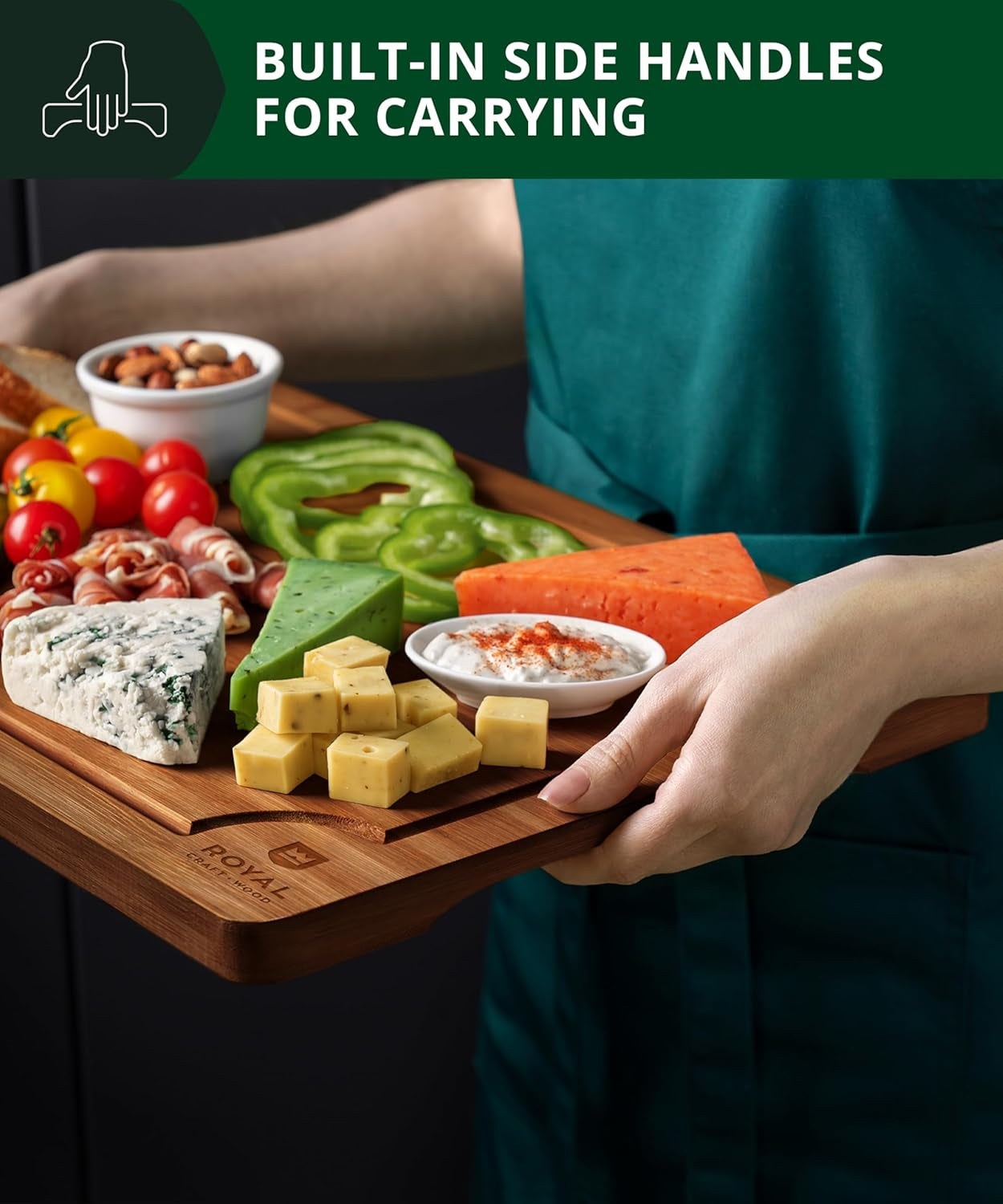 Wooden Cutting Boards for Kitchen Meal Prep & Serving - Bamboo Wood Serving Board Set with Deep Juice Groove Side Handles - Charcuterie & Chopping Butcher Block for Meat (3 Pcs)