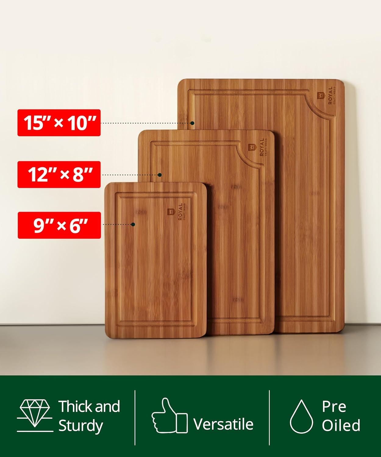 Wooden Cutting Boards for Kitchen Meal Prep & Serving - Bamboo Wood Serving Board Set with Deep Juice Groove Side Handles - Charcuterie & Chopping Butcher Block for Meat (3 Pcs)