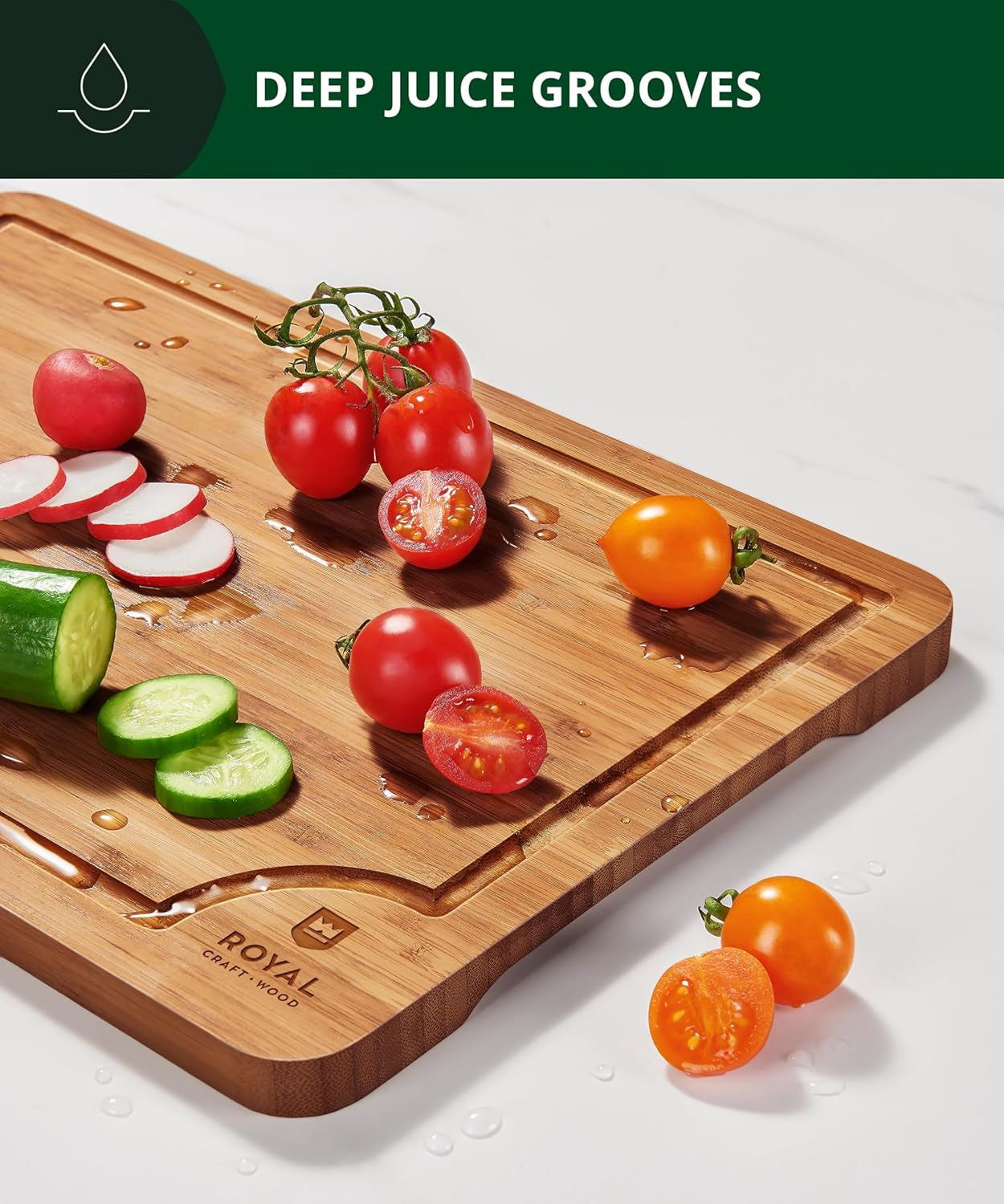 Wooden Cutting Boards for Kitchen Meal Prep & Serving - Bamboo Wood Serving Board Set with Deep Juice Groove Side Handles - Charcuterie & Chopping Butcher Block for Meat (3 Pcs)
