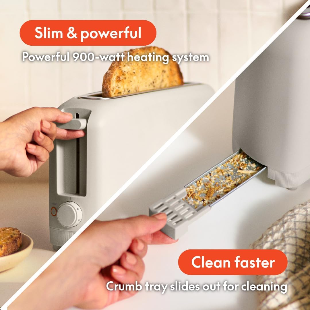 2 Slice Slim Toaster, Fits-Anywhere™ Kitchenware, 6 Setting Shade Control with Reheat & Cancel Buttons, Removable Crumb Tray, 10” Long Slot, anti Jam & Auto Shutoff, 900 Watt, Oatmilk