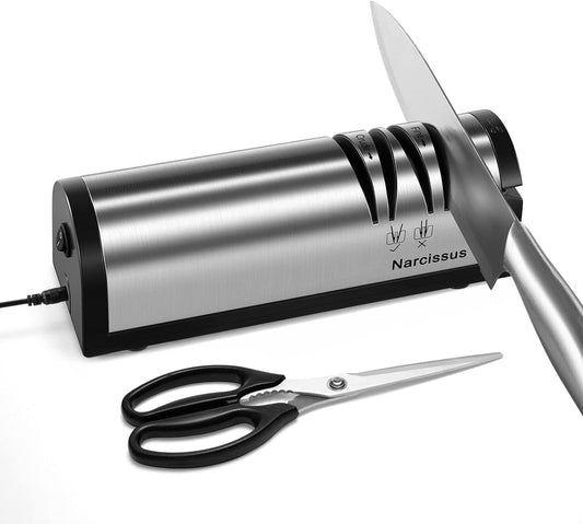 Knife Sharpener, Professional 2 Stage Electric Knife Sharpener for Quick Sharpening & Polishing, with Scissors Sharpener and Metal Dust Collection Box, Stainless Steel, Silver