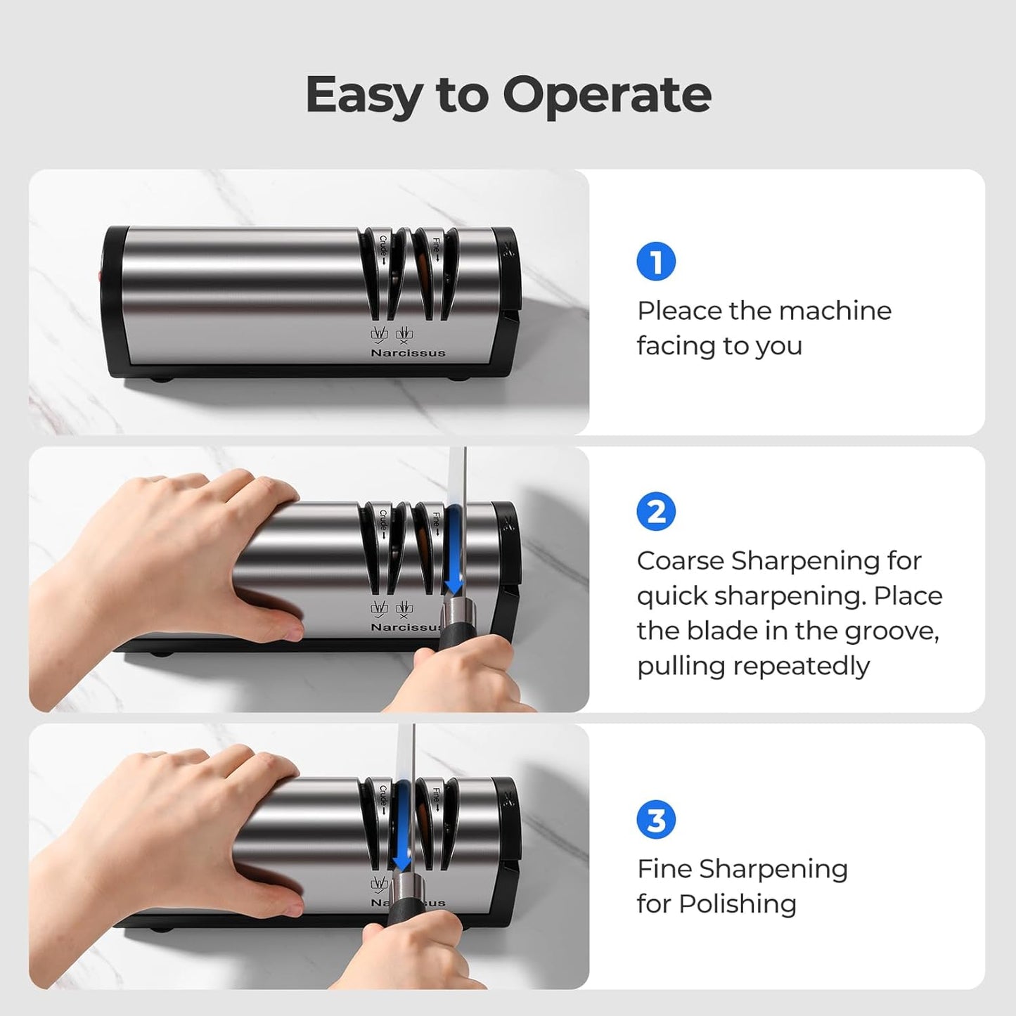 Knife Sharpener, Professional 2 Stage Electric Knife Sharpener for Quick Sharpening & Polishing, with Scissors Sharpener and Metal Dust Collection Box, Stainless Steel, Silver