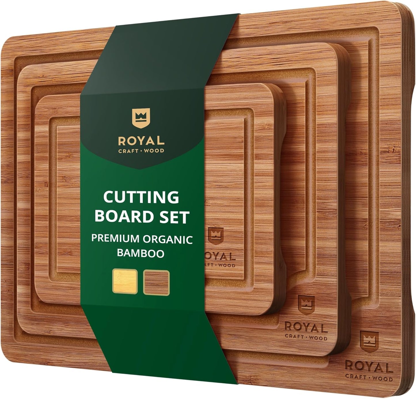 Wooden Cutting Boards for Kitchen Meal Prep & Serving - Bamboo Wood Serving Board Set with Deep Juice Groove Side Handles - Charcuterie & Chopping Butcher Block for Meat (3 Pcs)