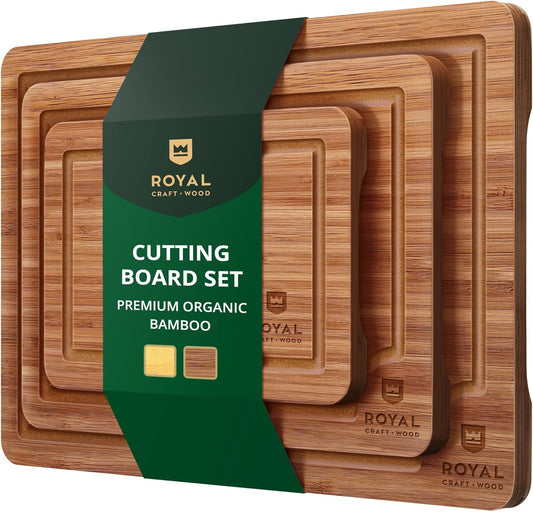 Wooden Cutting Boards for Kitchen Meal Prep & Serving - Bamboo Wood Serving Board Set with Deep Juice Groove Side Handles - Charcuterie & Chopping Butcher Block for Meat (3 Pcs)
