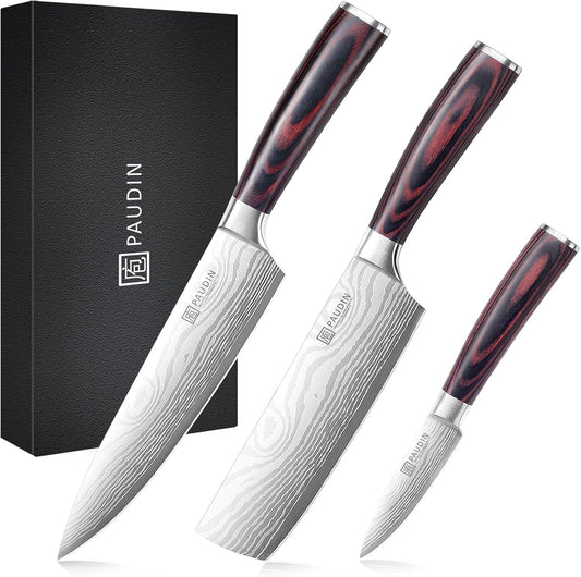 Kitchen Knife Set, 3 Piece High Carbon Stainless Steel Professional Chef Knife Set with Ultra Sharp Blade & Wooden Handle (Kitchen Knife Set 3 Pcs)