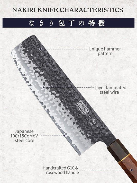 7 Inch Nakiri Knife, Japanese Hand Forged Asian Chopping Chef Knife, Professional Meat Vegetable Cleaver Kitchen Knife with Ergonomic Handle