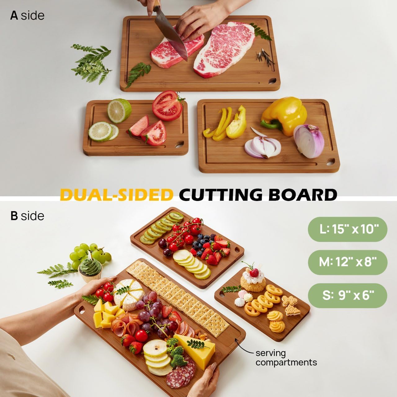 Bamboo Cutting Board, Durable Wood Cutting Boards for Kitchen with Deep Juice Grooves & Built-In Handles, Ideal Charcuterie & Chopping for Meat, Vegetables and Fruits Ideal Kitchen Gifts