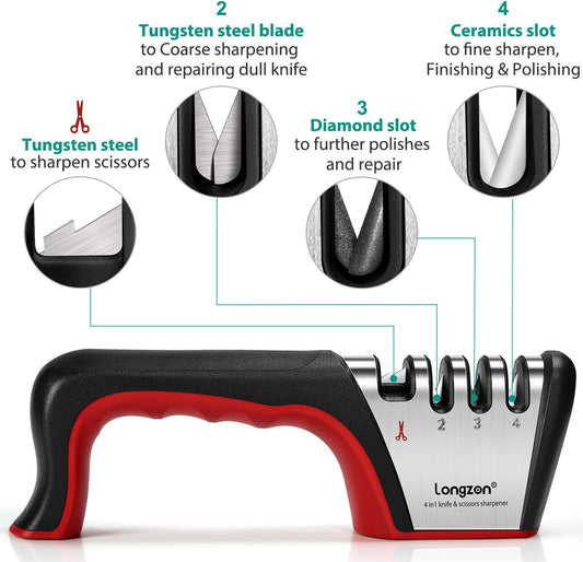 4-In-1 Knife Sharpener [4 Stage] with a Pair of Cut-Resistant Glove, Original Premium Polish Blades, Best Kitchen Knife Sharpener Really Works for Ceramic and Steel Knives, Scissors.