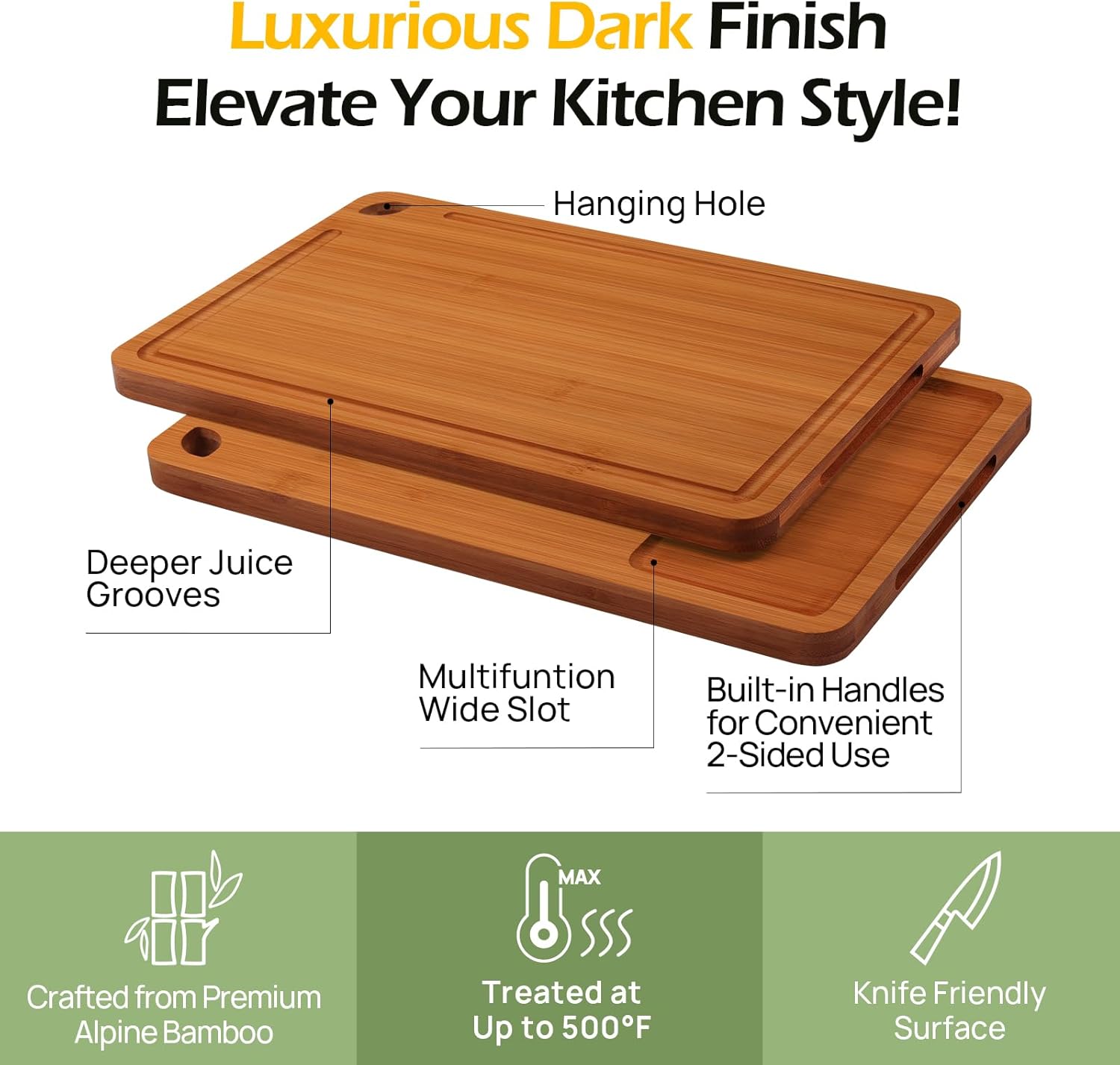 Bamboo Cutting Board, Durable Wood Cutting Boards for Kitchen with Deep Juice Grooves & Built-In Handles, Ideal Charcuterie & Chopping for Meat, Vegetables and Fruits Ideal Kitchen Gifts