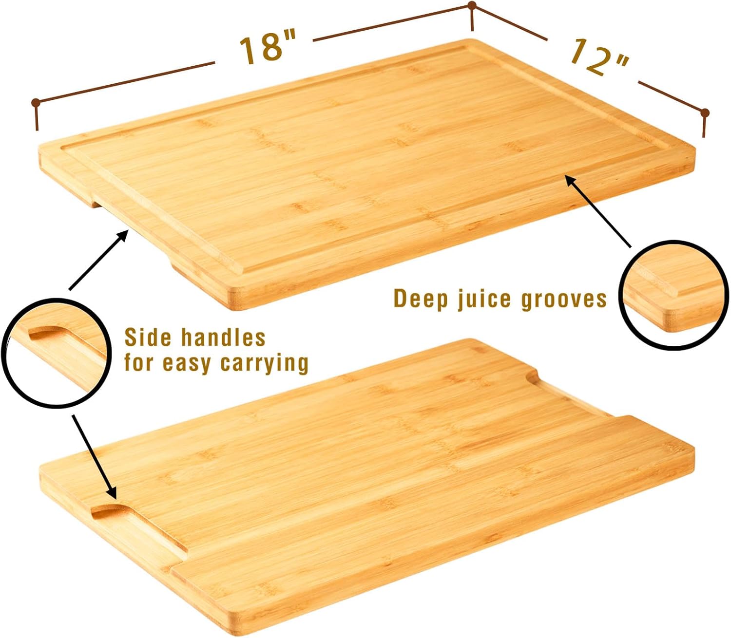 Bamboo Cutting Board for Kitchen, 18" Large Wood Charcuterie Cheese Board, Wooden Chopping Block with Side Handles and Juice Grooves