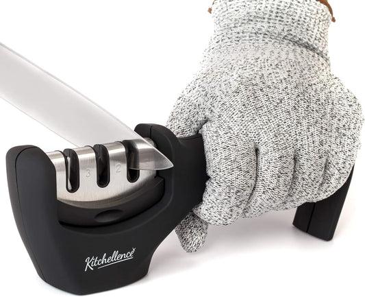 4-In-1 Kitchen Knife Accessories: 3-Stage Knife Sharpener Helps Repair, Restore, Polish Blades and Cut-Resistant Glove (Black)