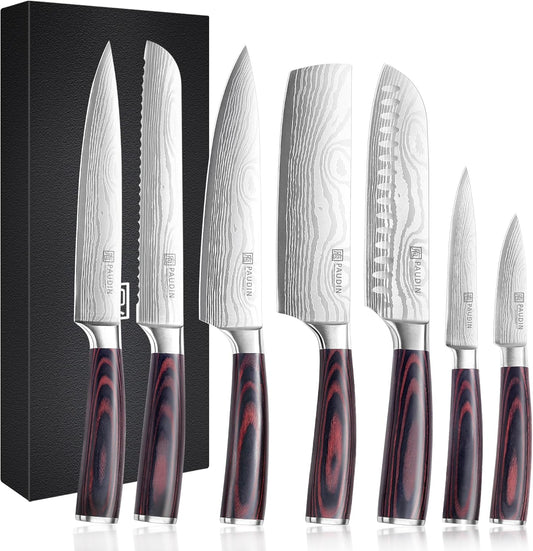 Professional 7-Piece Chef Knife Set - Ultra Sharp High Carbon Stainless Steel Knives with Pakkawood Handle for Ultimate Kitchen Precision