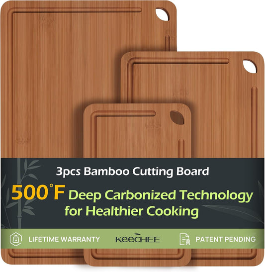 Bamboo Cutting Board, Durable Wood Cutting Boards for Kitchen with Deep Juice Grooves & Built-In Handles, Ideal Charcuterie & Chopping for Meat, Vegetables and Fruits Ideal Kitchen Gifts