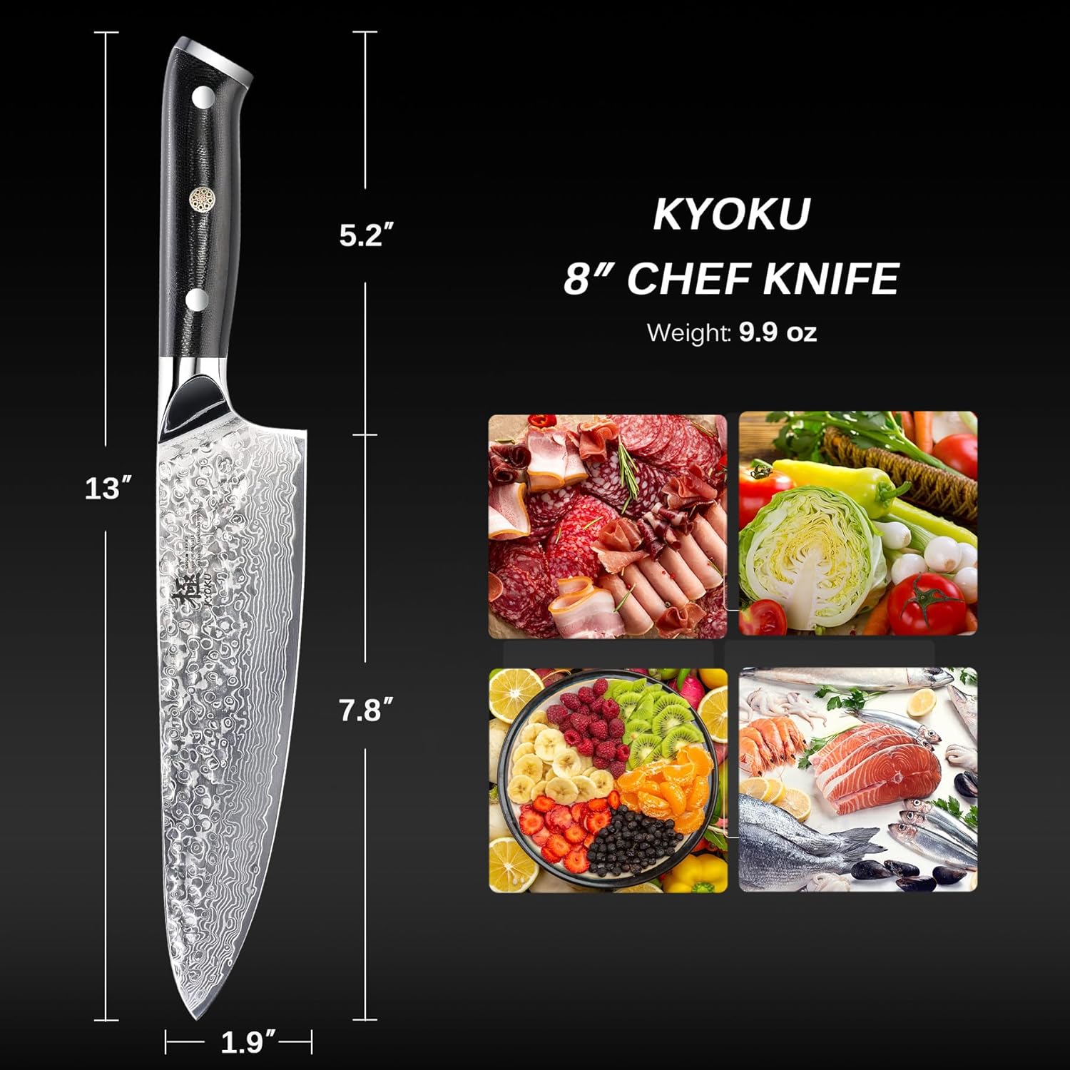 Chef Knife - 8"- Shogun Series Japanese VG10 Steel Core Hammered Damascus Blade Kitchen Knife - with Sheath & Case