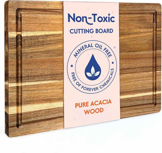 Non Toxic Wood Cutting Board - Conditioned with Natural Beeswax Flaxseed & Lemon Oil - Free of Mineral Oil - Made of FSC Certified Acacia Wood - 16" X 11" Thick Cutting Board by